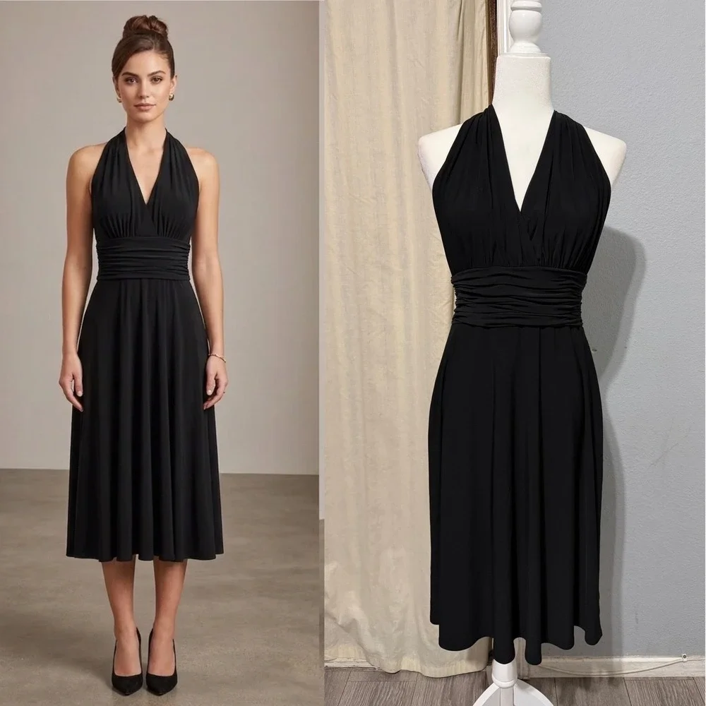 Jones Wear Babydoll Dress Size 8 Black Halter Midi Ruched Waist Marilyn Monroee